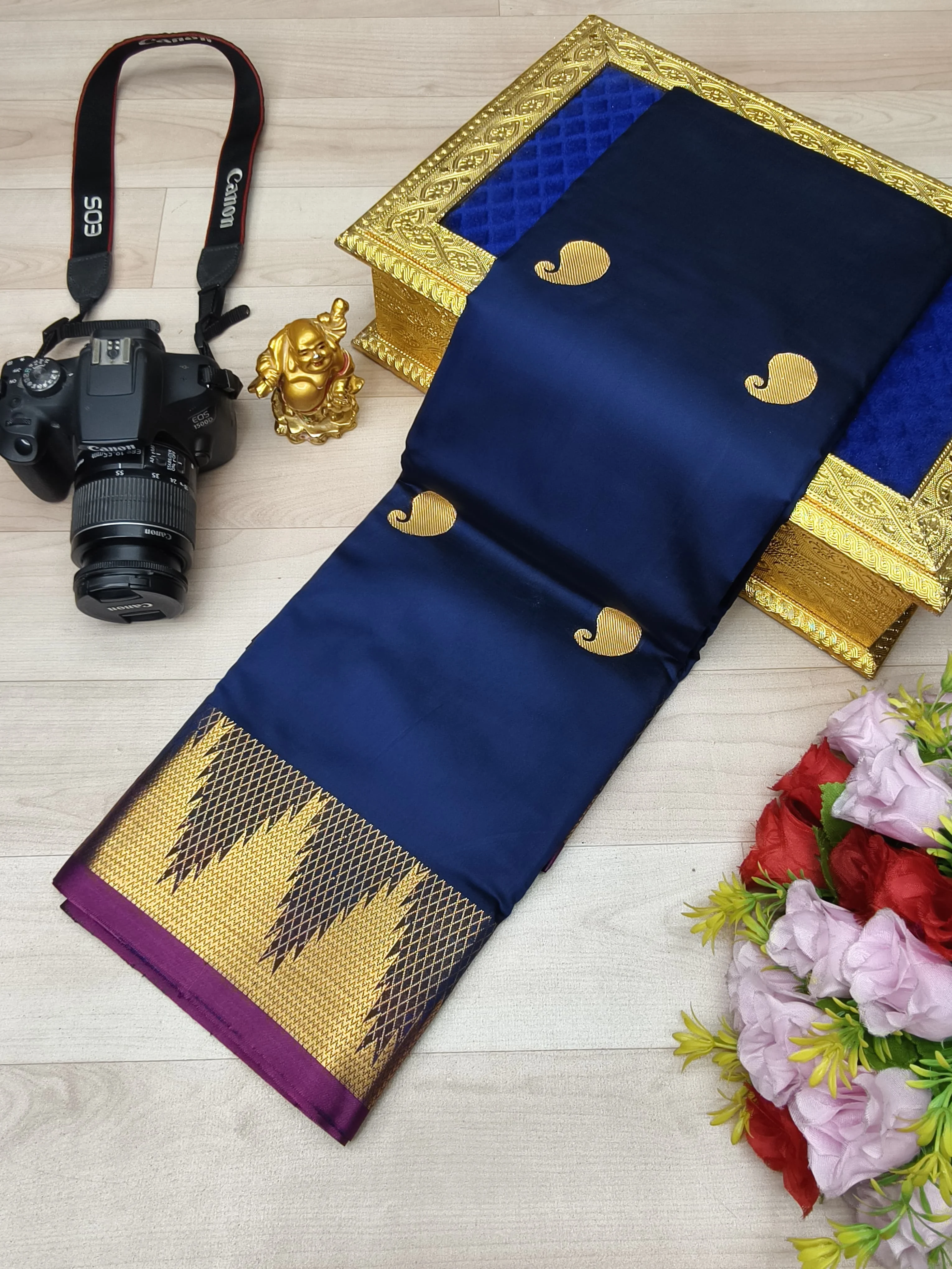 Navy Blue Large Gold Zari Paisley Mango Buttas Soft Silk Saree